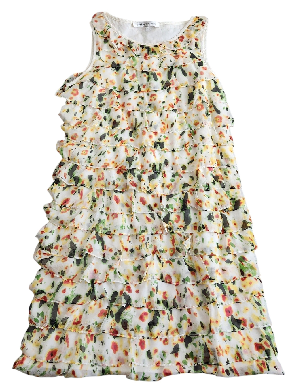 Diane von Furstenberg DVF 100% Silk Tiered Flutter Dress Women's S Beige Floral - Picture 1 of 8